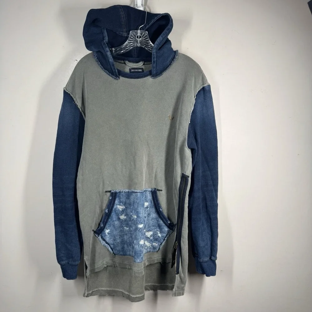 True Religion Mens Denim & Gray Pullover Kangaroo Pocket Hoodie Sz M Sweatshirt